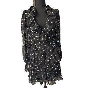Spring + Mercer Women's Wrap Dress S Swiss Dot Floral Black White Ruffle NEW
